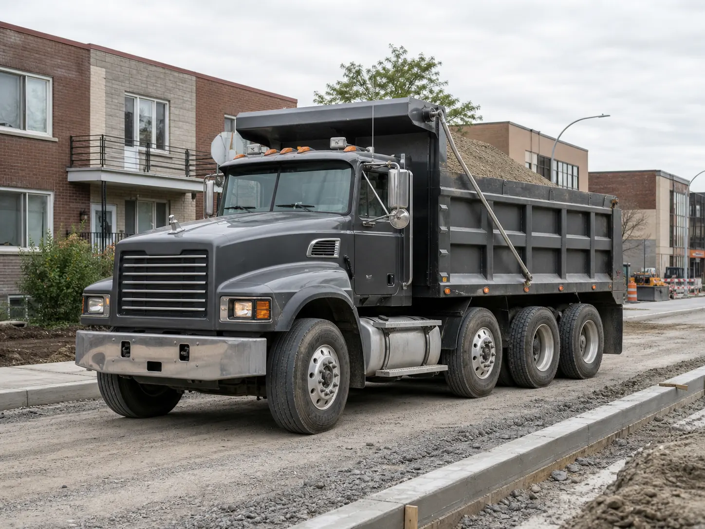 Camion-benne Mack pour livraison de matériaux en vrac au Québec